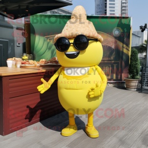 Lemon Yellow Burgers mascot costume character dressed with a Empire Waist Dress and Sunglasses
