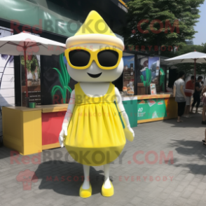 Lemon Yellow Burgers mascot costume character dressed with a Empire Waist Dress and Sunglasses