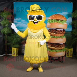 Lemon Yellow Burgers mascot costume character dressed with a Empire Waist Dress and Sunglasses