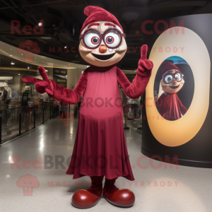 Maroon Acrobat mascot costume character dressed with a Evening Gown and Eyeglasses