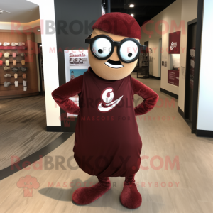 Maroon Acrobat mascot costume character dressed with a Evening Gown and Eyeglasses