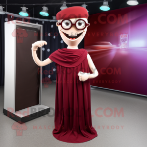 Maroon Acrobat mascot costume character dressed with a Evening Gown and Eyeglasses
