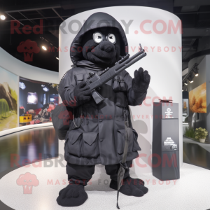 Black Sniper mascot costume character dressed with a Raincoat and Clutch bags