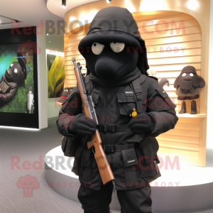 Black Sniper mascot costume character dressed with a Raincoat and Clutch bags