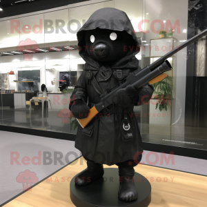 Black Sniper mascot costume character dressed with a Raincoat and Clutch bags