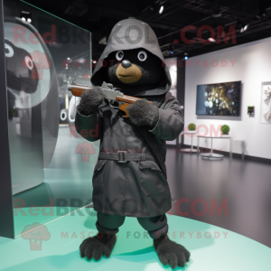 Black Sniper mascot costume character dressed with a Raincoat and Clutch bags