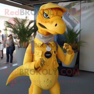 Lemon Yellow Utahraptor mascot costume character dressed with a Overalls and Rings