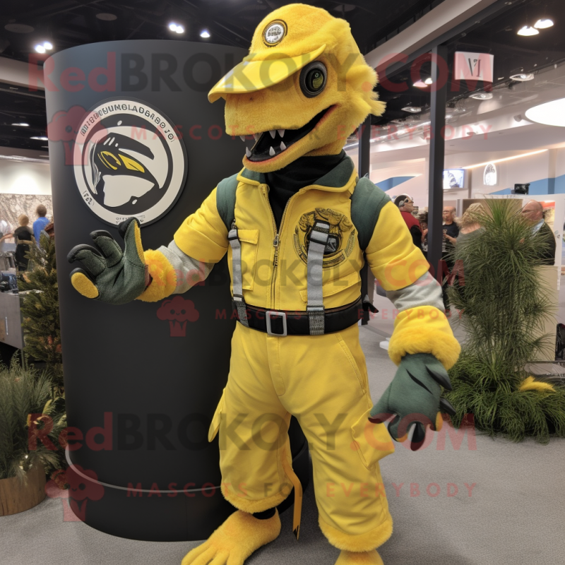 Lemon Yellow Utahraptor mascot costume character dressed with a Overalls and Rings