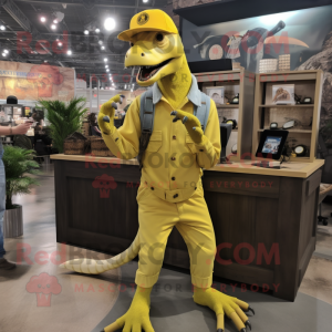 Lemon Yellow Utahraptor mascot costume character dressed with a Overalls and Rings