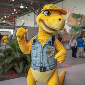 Lemon Yellow Utahraptor mascot costume character dressed with a Overalls and Rings
