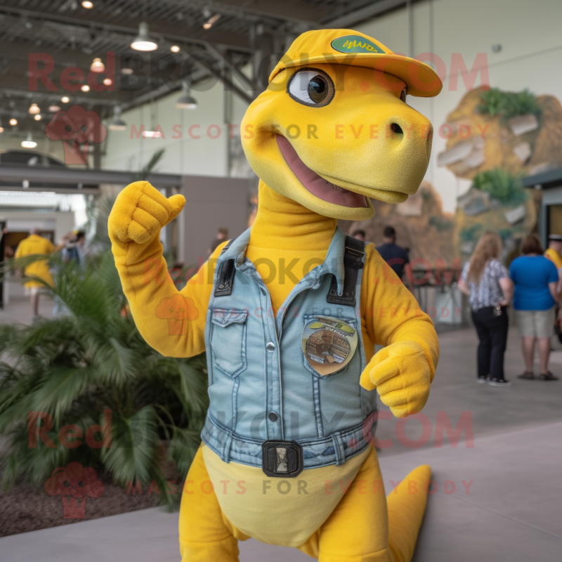 Lemon Yellow Utahraptor mascot costume character dressed with a Overalls and Rings Lemon Yellow Utahraptor mascot costume character dressed with a Overalls and Rings