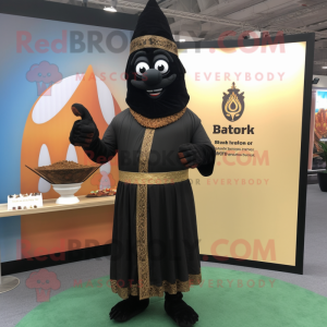 Black Biryani mascot costume character dressed with a Coat and Watches