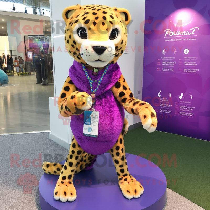 Purple Cheetah mascot costume character dressed with a Jeggings and Necklaces Purple Cheetah mascot costume character dressed with a Jeggings and Necklaces