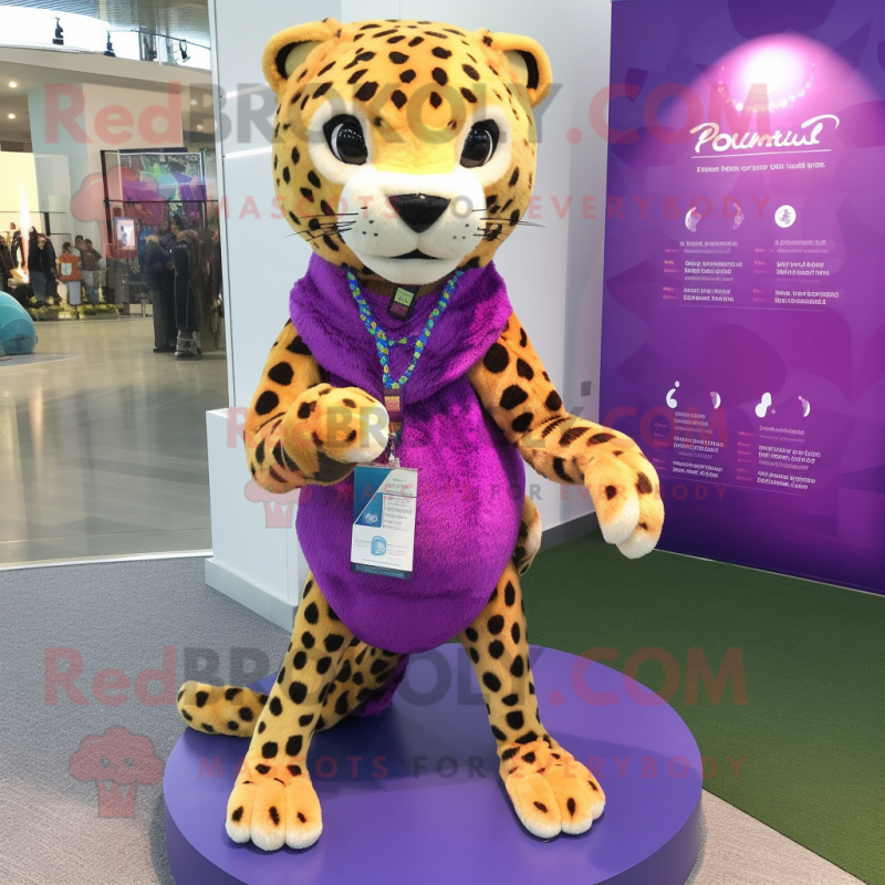 Purple Cheetah mascot costume character dressed with a Jeggings and Necklaces