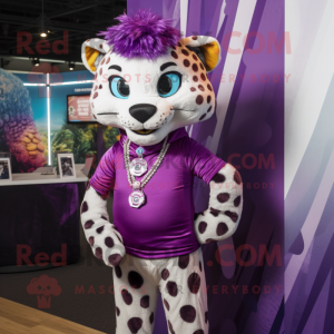 Purple Cheetah mascot costume character dressed with a Jeggings and Necklaces