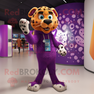 Purple Cheetah mascot costume character dressed with a Jeggings and Necklaces