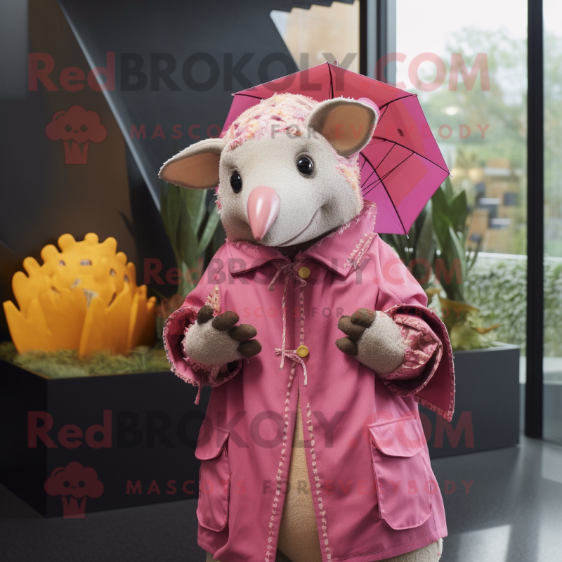 Pink Armadillo mascot costume character dressed with a Raincoat and Brooches