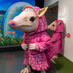 Pink Armadillo mascot costume character dressed with a Raincoat and Brooches