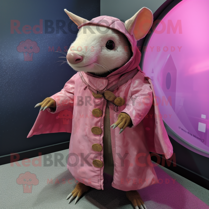 Pink Armadillo mascot costume character dressed with a Raincoat and Brooches Pink Armadillo mascot costume character dressed with a Raincoat and Brooches