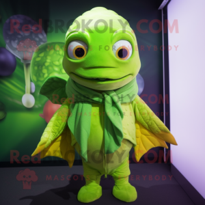 Lime Green Goldfish mascot costume character dressed with a Cover-up and Mittens