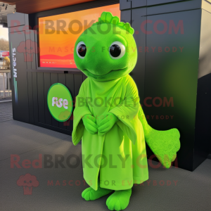 Lime Green Goldfish mascot costume character dressed with a Cover-up and Mittens