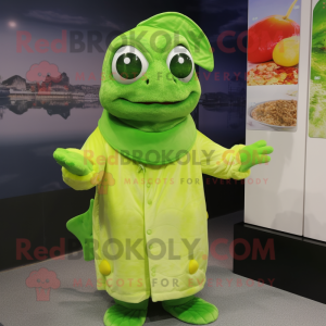 Lime Green Goldfish mascot costume character dressed with a Cover-up and Mittens