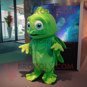 Lime Green Goldfish mascot costume character dressed with a Cover-up and Mittens