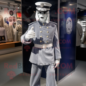 Silver Navy Soldier mascot costume character dressed with a Playsuit and Shawl pins