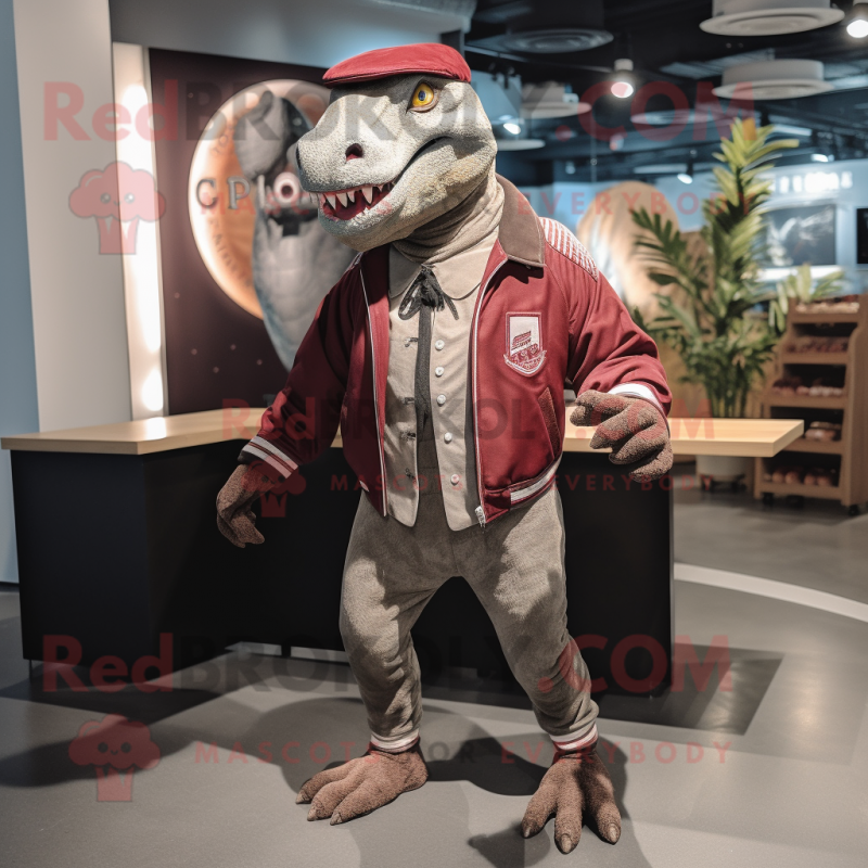 Maroon Iguanodon mascot costume character dressed with a Bomber Jacket and Ties