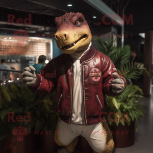 Maroon Iguanodon mascot costume character dressed with a Bomber Jacket and Ties