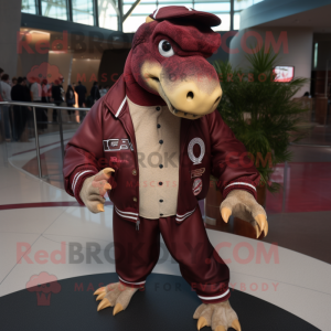 Maroon Iguanodon mascot costume character dressed with a Bomber Jacket and Ties