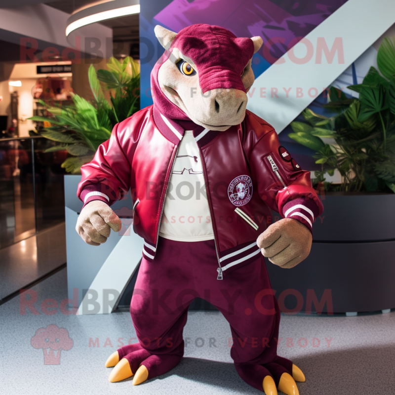 Maroon Iguanodon mascot costume character dressed with a Bomber Jacket and Ties Maroon Iguanodon mascot costume character dressed with a Bomber Jacket and Ties