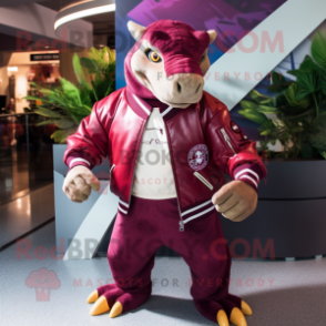 Maroon Iguanodon mascot costume character dressed with a Bomber Jacket and Ties