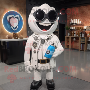 White Bottle Of Milk mascot costume character dressed with a Biker Jacket and Tie pins