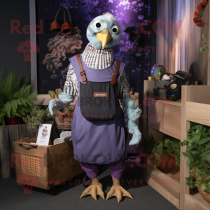 Lavender Guinea Fowl mascot costume character dressed with a Dungarees and Wallets