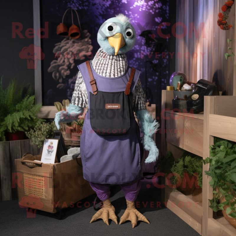 Lavender Guinea Fowl mascot costume character dressed with a Dungarees and Wallets Lavender Guinea Fowl mascot costume character dressed with a Dungarees and Wallets