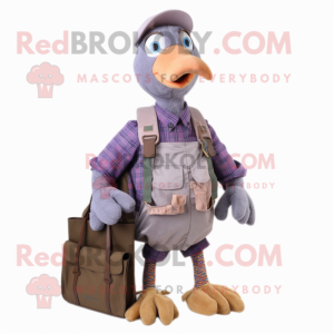 Lavender Guinea Fowl mascot costume character dressed with a Dungarees and Wallets