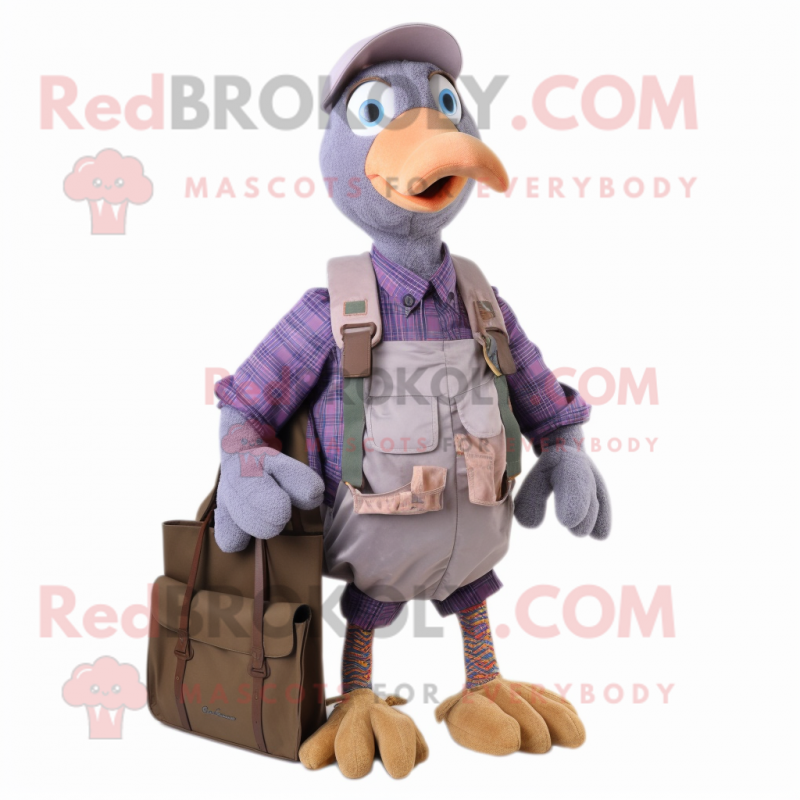 Lavender Guinea Fowl mascot costume character dressed with a Dungarees and Wallets