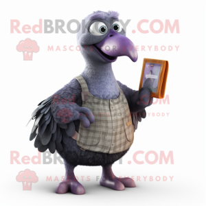 Lavender Guinea Fowl mascot costume character dressed with a Dungarees and Wallets