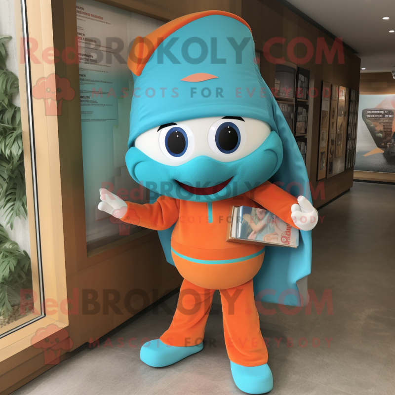 Turquoise Orange mascot costume character dressed with a Capri Pants and Clutch bags