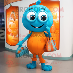 Turquoise Orange mascot costume character dressed with a Capri Pants and Clutch bags