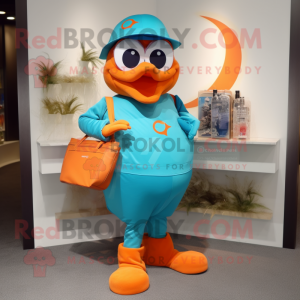 Turquoise Orange mascot costume character dressed with a Capri Pants and Clutch bags