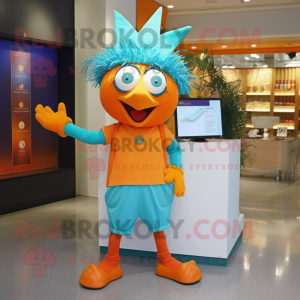 Turquoise Orange mascot costume character dressed with a Capri Pants and Clutch bags
