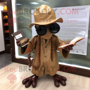 Brown Octopus mascot costume character dressed with a Raincoat and Reading glasses