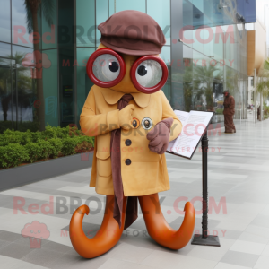 Brown Octopus mascot costume character dressed with a Raincoat and Reading glasses