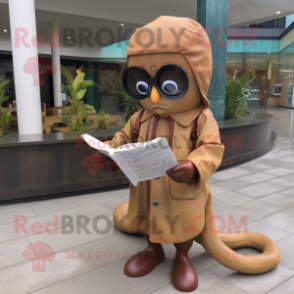 Brown Octopus mascot costume character dressed with a Raincoat and Reading glasses