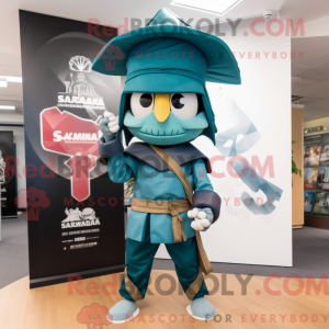 Teal Samurai mascot costume...