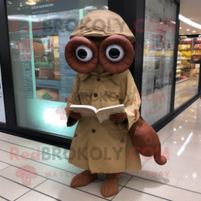 Brown Octopus mascot costume character dressed with a Raincoat and Reading glasses