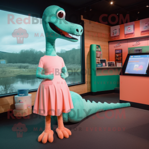 Peach Loch Ness Monster mascot costume character dressed with a Mini Skirt and Cufflinks