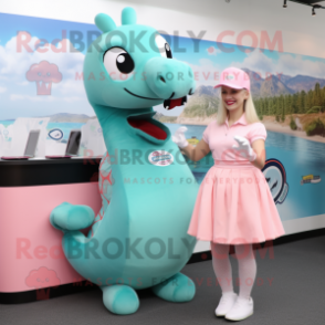 Peach Loch Ness Monster mascot costume character dressed with a Mini Skirt and Cufflinks
